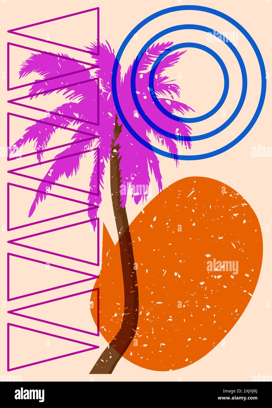 Risograph Palm Tree avec bulle de parole avec des formes géométriques. Les objets dans le graphique riso à la mode impriment la conception de style de texture avec des éléments géométriques. Illustration de Vecteur