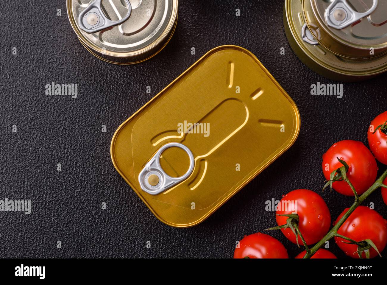 Boîte en métal avec de la viande ou du poisson en conserve avec une clé pour l'ouvrir sur un fond de béton foncé Banque D'Images