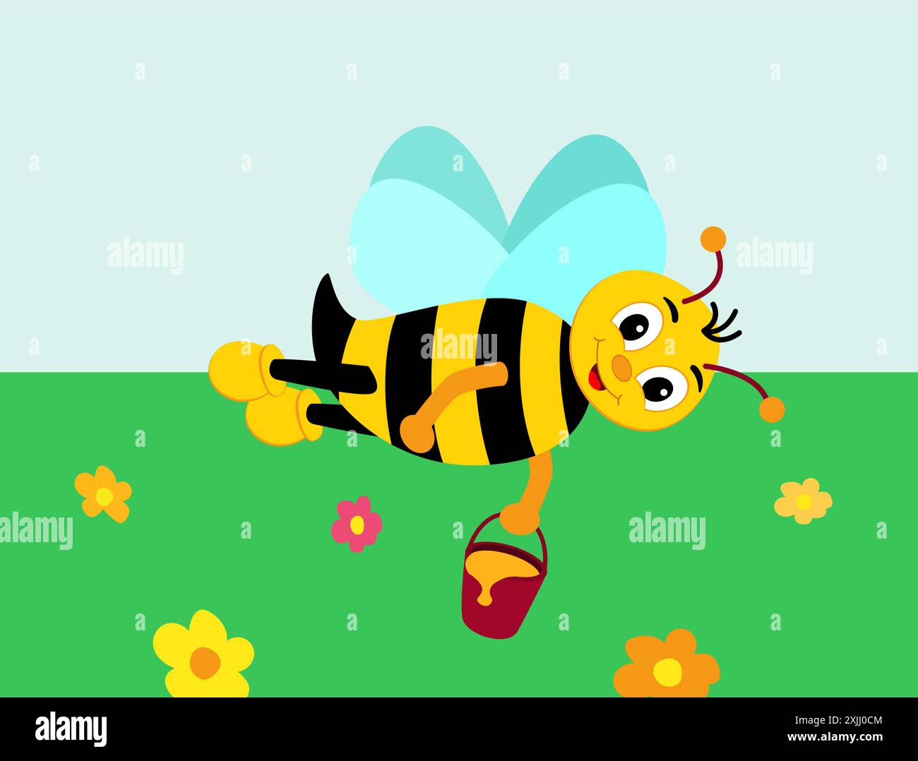 Abeille mignonne tenant du miel. abeille de dessin animé heureuse volant avec seau de miel. . Illustration de Vecteur