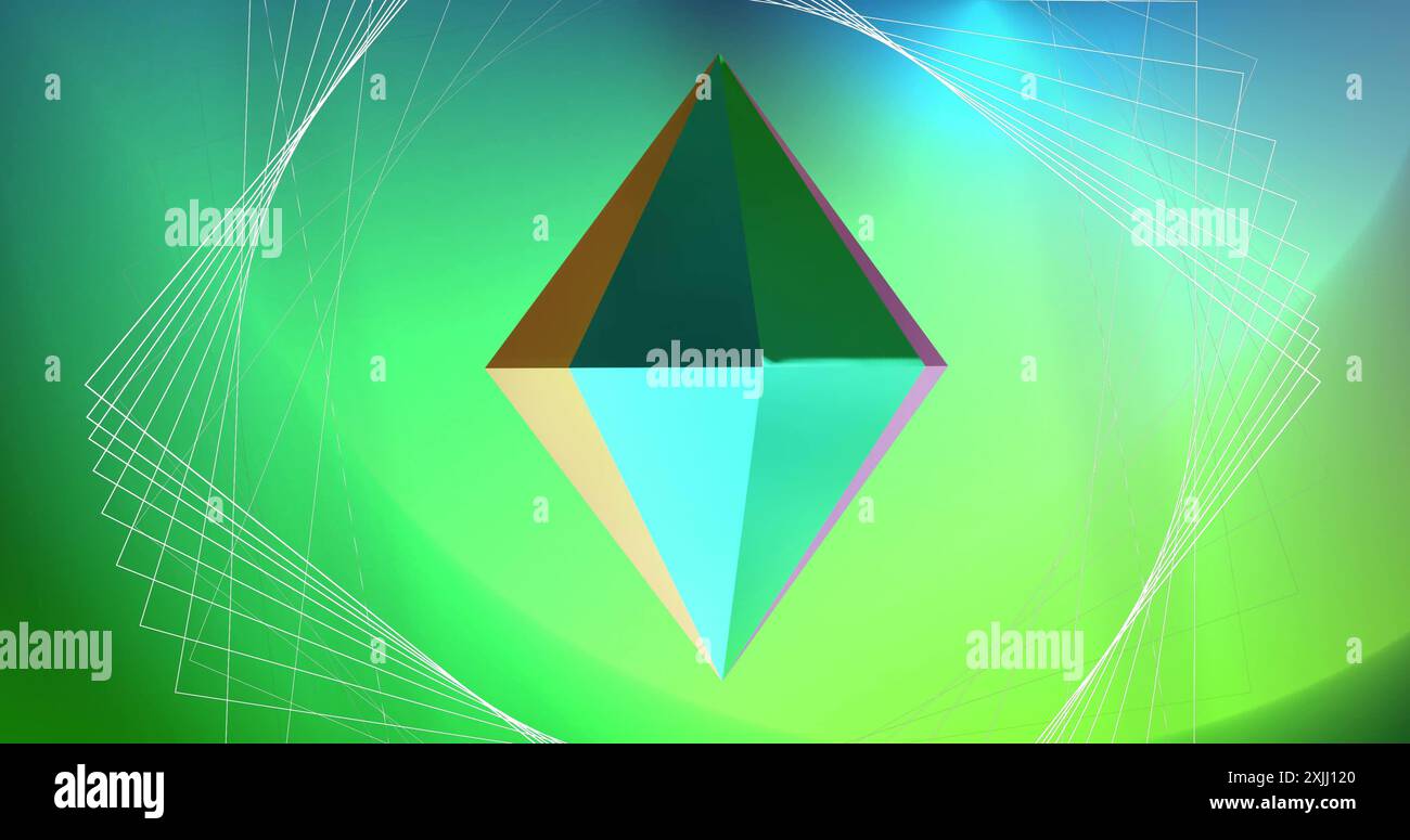 Image de la structure du réseau sur le diamant 3D métallique tournant sur fond vert doux Banque D'Images