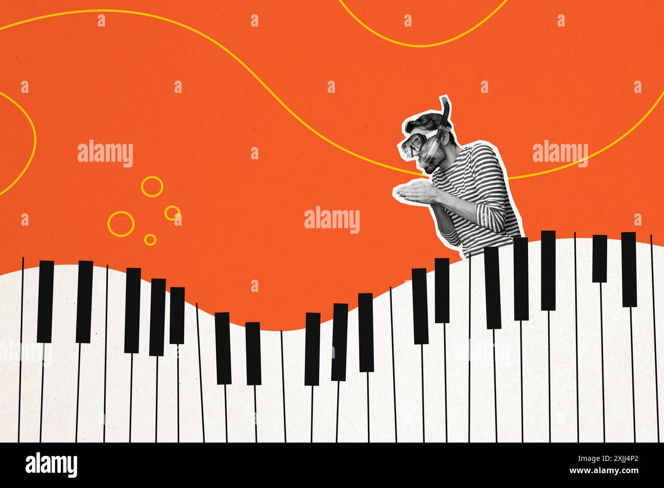 Image de collage d'illustration composite de mini Guy masque de plongée touches de piano isolées sur fond créatif Banque D'Images
