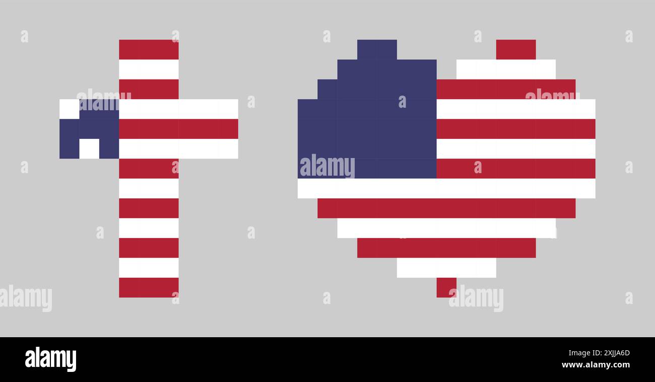 Symboles de style pixel mignon moderne avec drapeau américain. Croix et coeur américains, idée créative avec des blocs graphiques plats. Concept d'emblème Love USA. Ensemble d'icônes Illustration de Vecteur