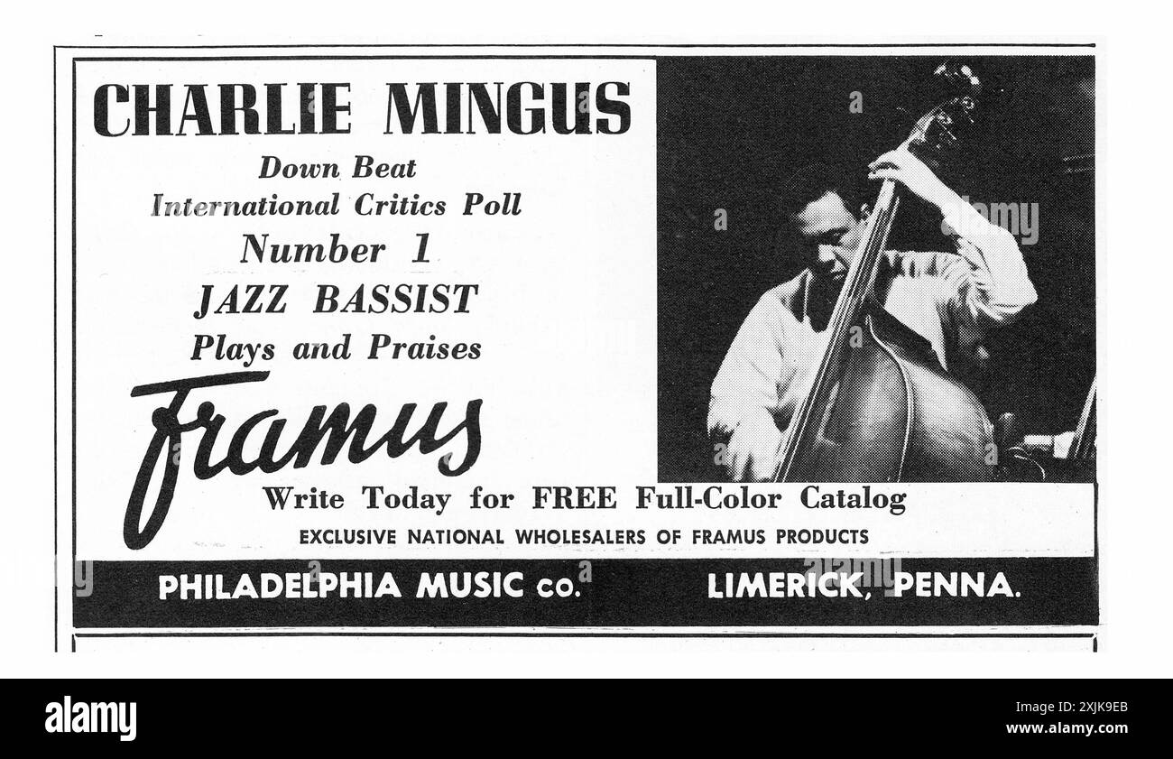 Une publicité pour les instruments de basse Framus avec une approbation par le gagnant de Down Beat Poll et légende du jazz, Charles Mingus. tiré d'un magazine du milieu des années 1960. Banque D'Images
