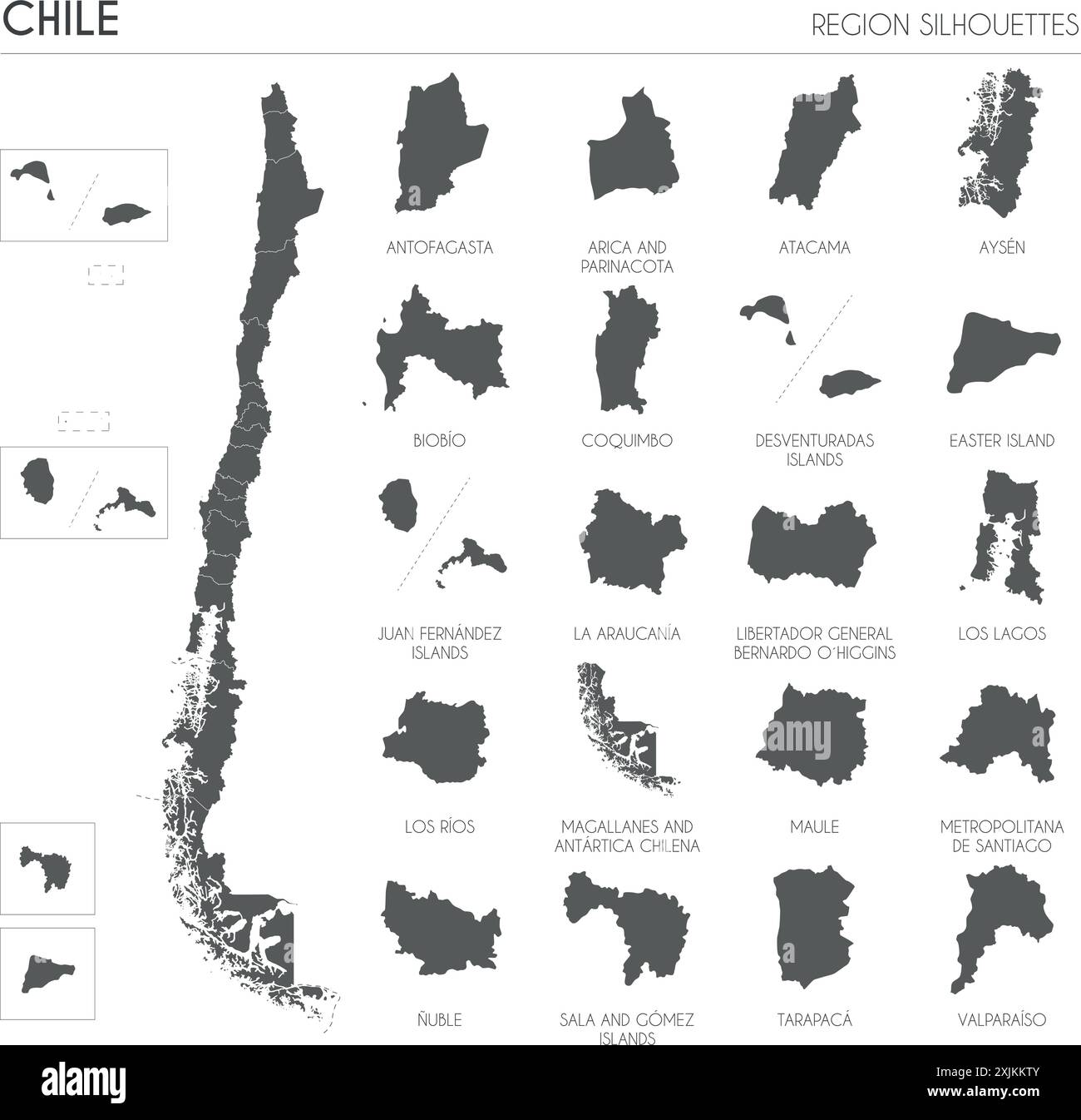 Silhouettes de la région du Chili définies et carte blanche du pays isolé sur fond blanc. Conception d'illustration vectorielle Illustration de Vecteur
