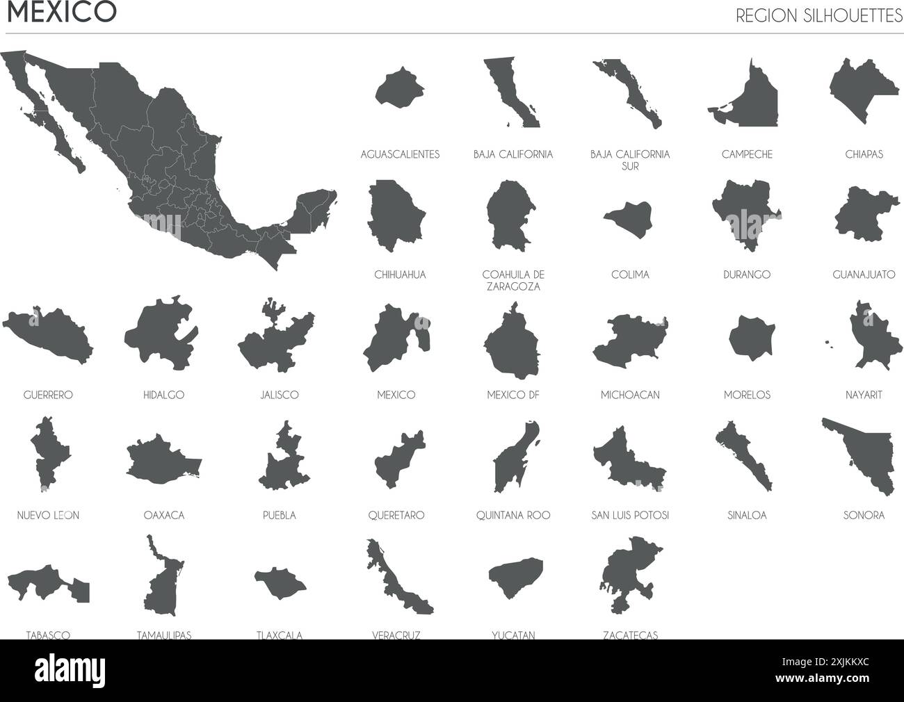 Silhouettes de la région du Mexique définies et carte blanche du pays isolé sur fond blanc. Conception d'illustration vectorielle Illustration de Vecteur