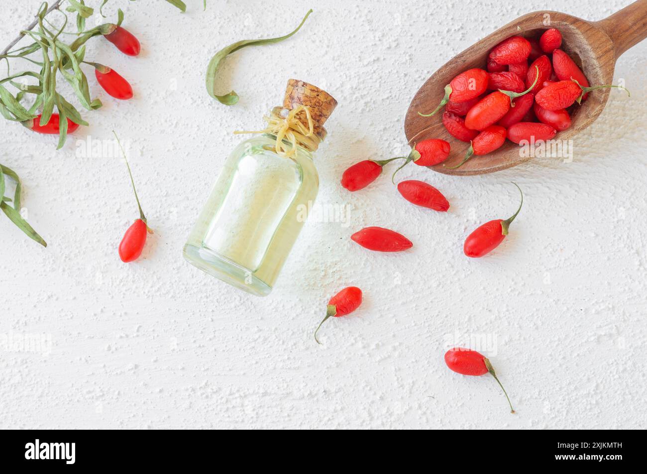 Bouteille en verre d'huile de baies de goji avec des baies de goji fraîches, Lycium barbarum Banque D'Images
