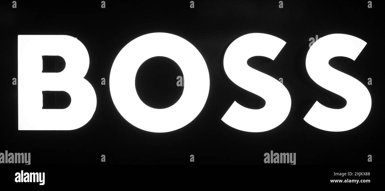 Logo de la marque BOSS, noir et blanc, Roermond, pays-Bas Banque D'Images