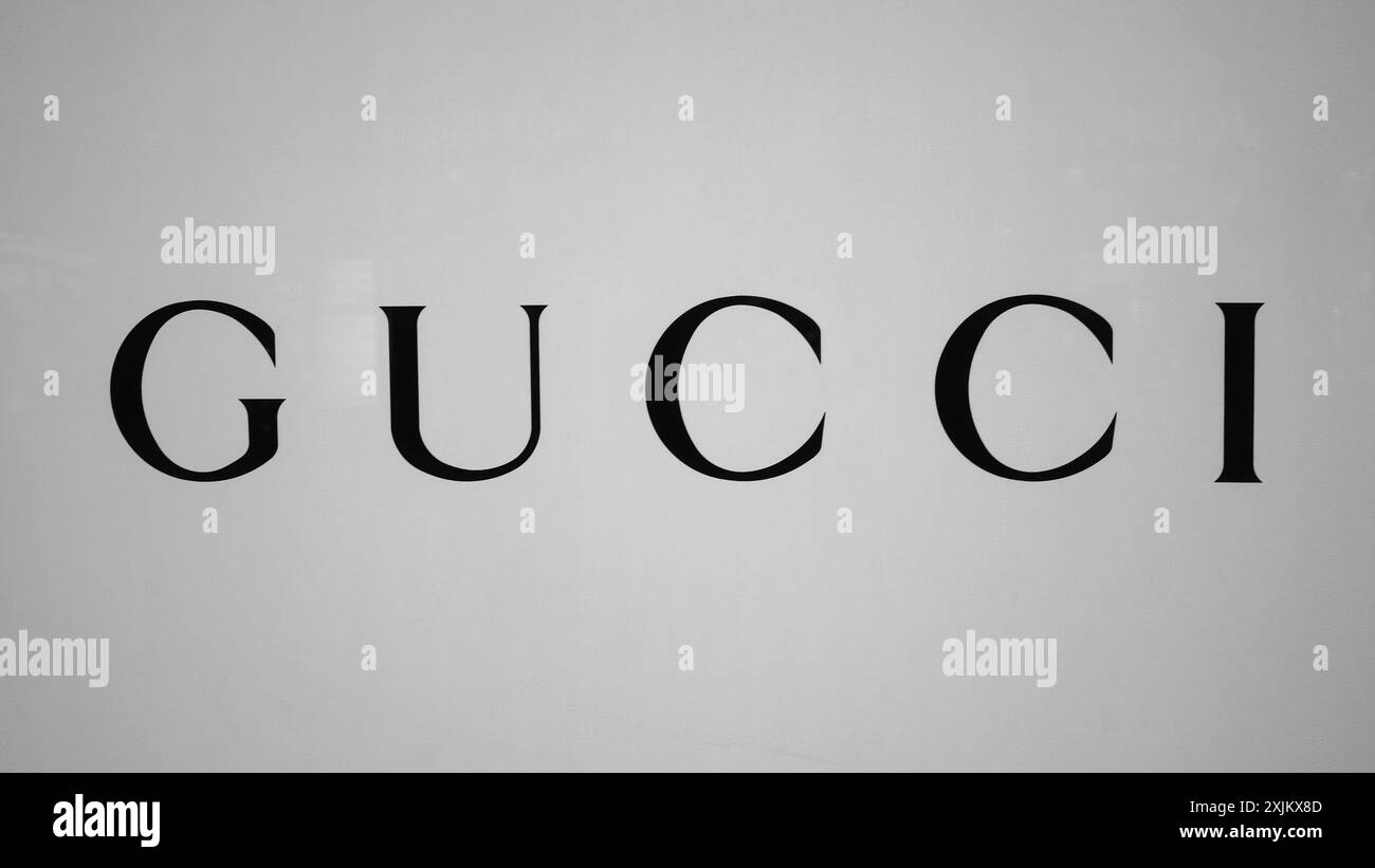 Logo de la marque Gucci, noir et blanc, Roermond, pays-Bas Banque D'Images