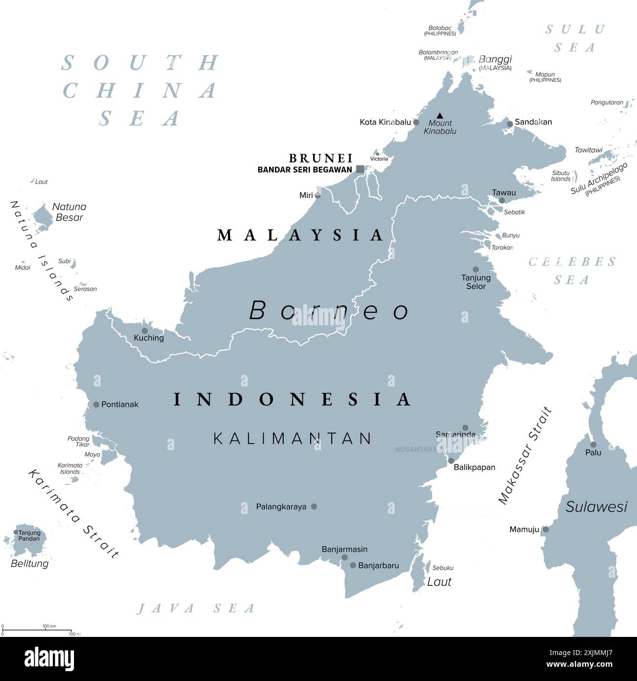 Bornéo, divisé entre la Malaisie, Brunei et l'Indonésie, carte politique grise. Troisième plus grande île du monde, et l'une des îles de la Grande Sunda. Banque D'Images