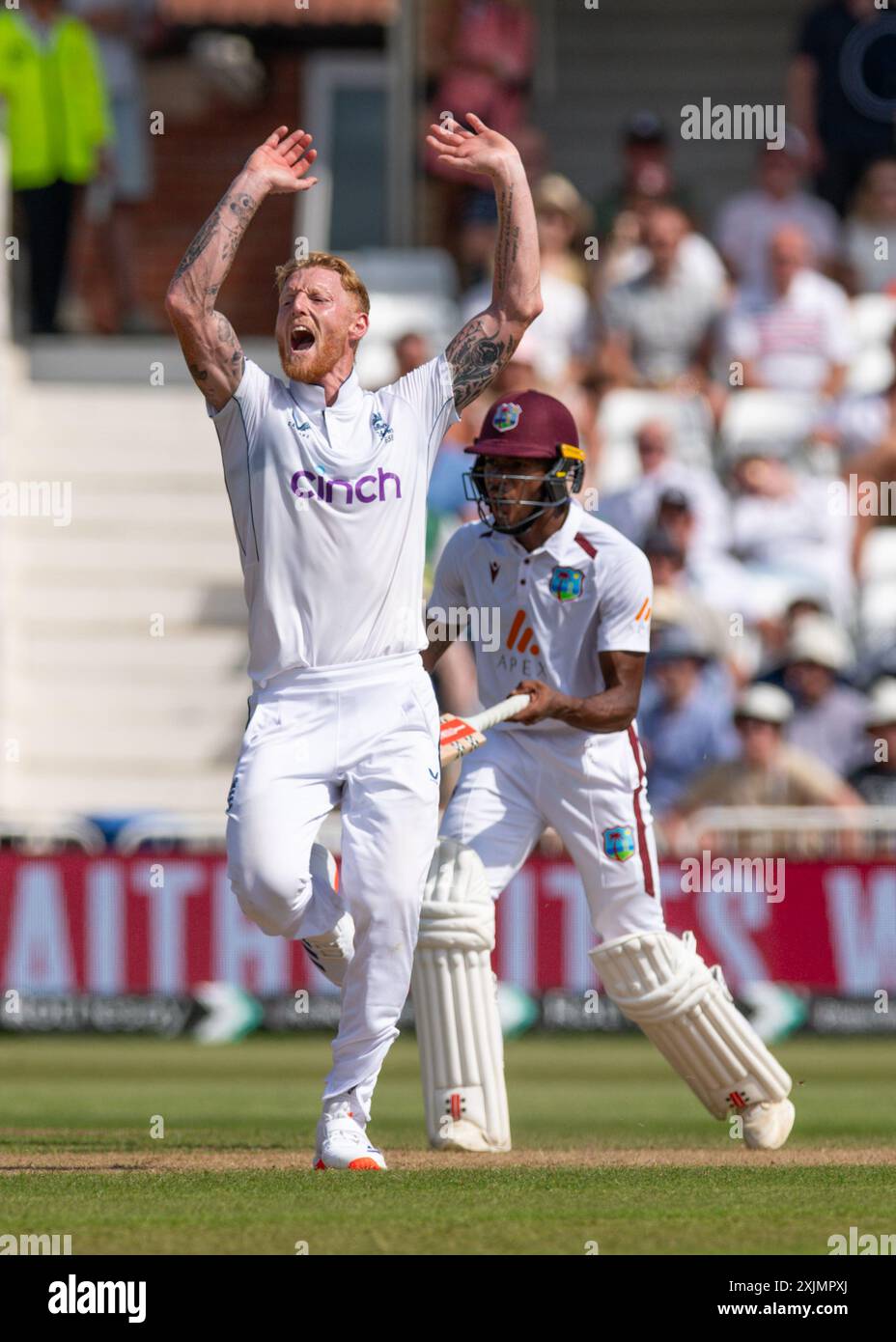 Nottingham, Royaume-Uni, Trent Bridge Cricket Ground. 18-22 juillet 2024. International Cricket test match - (Angleterre v West Indies Men) photo : Ben Stokes (England Captain) célébration du bowling. Crédit : Mark Dunn/Alamy Live News Banque D'Images