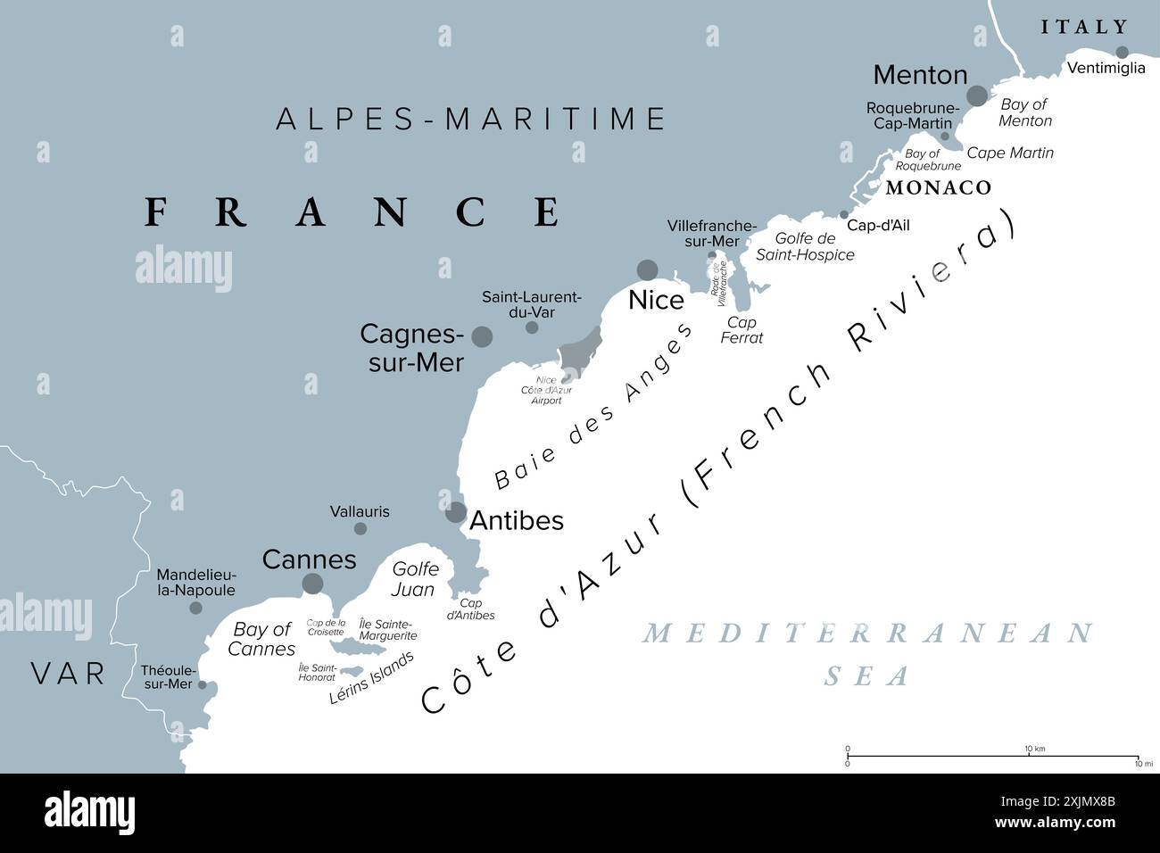 Monaco, Nice et Cannes, carte politique grise. La bande côtière des Alpes-Maritimes, département de France, située sur la Côte d'Azur. Banque D'Images