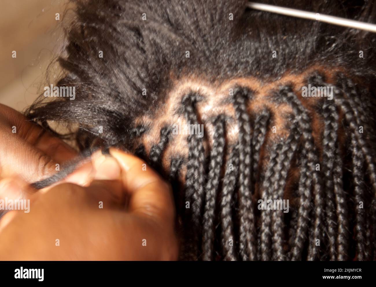 Tressage des cheveux, Kaduna, État de Kaduna, Nigeria, Afrique. Le tressage des cheveux est une activité très spécialisée et ingénieuse - prenant de nombreuses heures, mais wom africain Banque D'Images