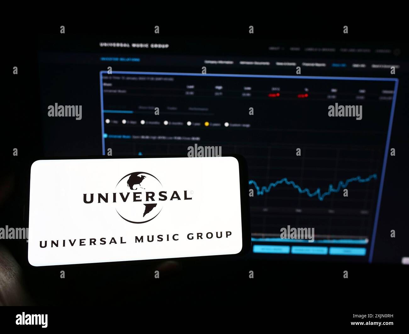Stuttgart, Allemagne, 01-15-2023 : personne tenant un téléphone portable avec le logo de la société Universal Music Group NV (UMG) sur l'écran devant le web de l'entreprise Banque D'Images