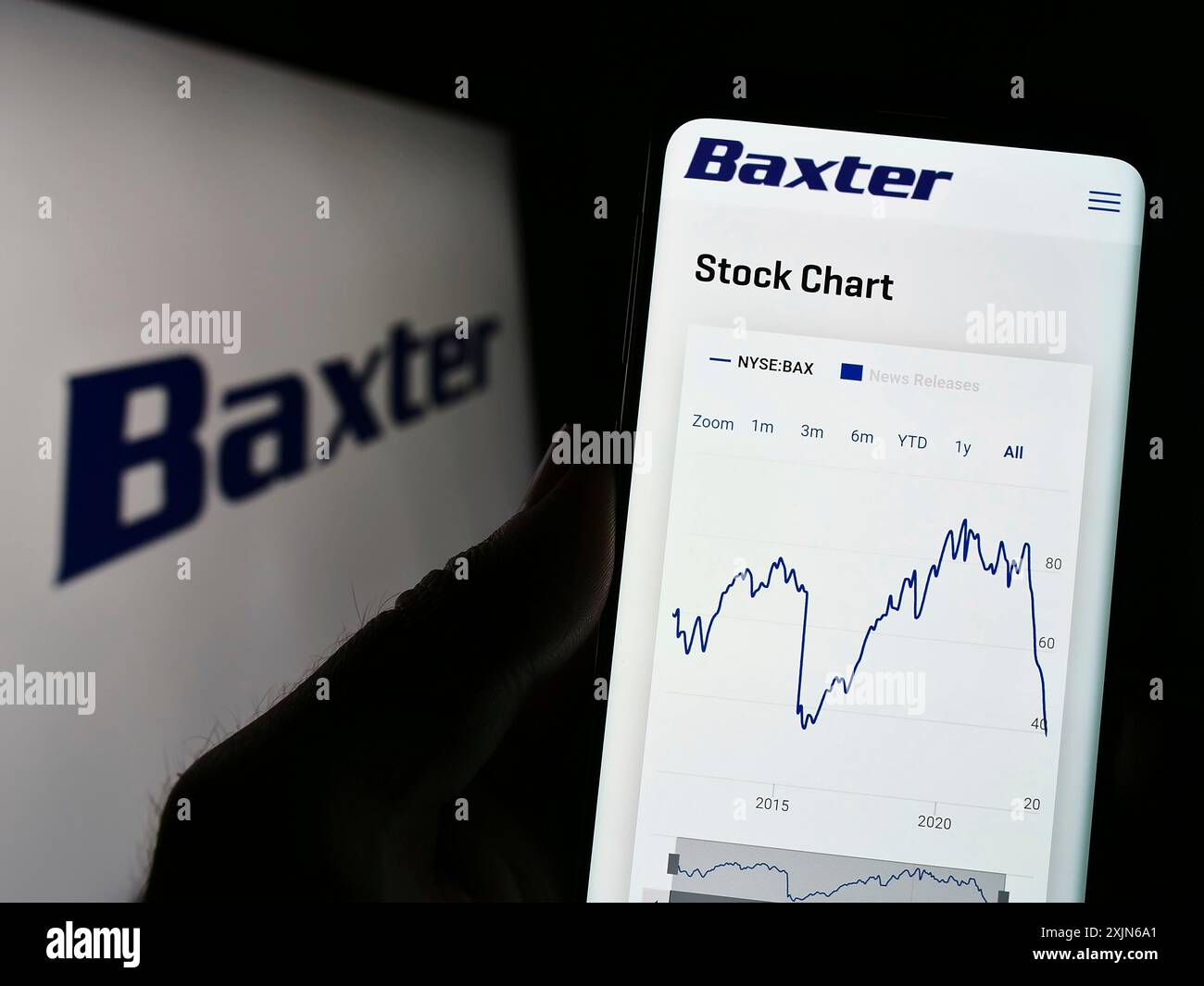 Stuttgart, Allemagne, 03-31-2023, personne tenant un téléphone portable avec la page Web de la société américaine de soins de santé Baxter International Inc sur l'écran avec le logo. Mise au point Banque D'Images
