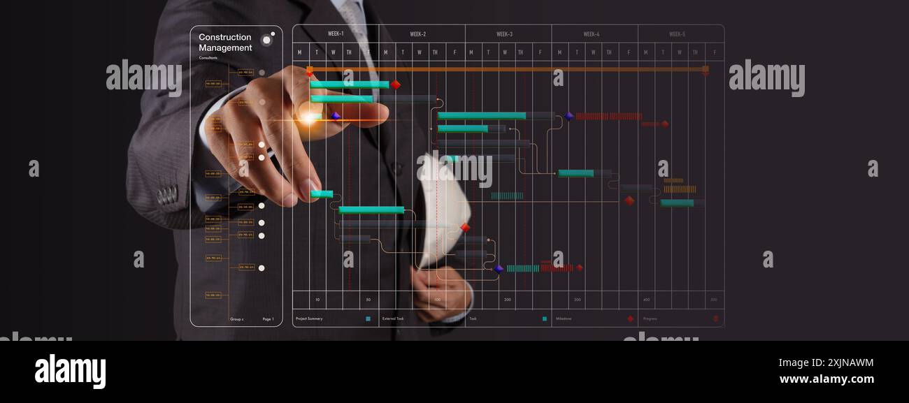 Un professionnel en costume interagit avec une interface de gestion de construction numérique, ajustant une chronologie de projet affichée sur un s virtuel transparent Banque D'Images