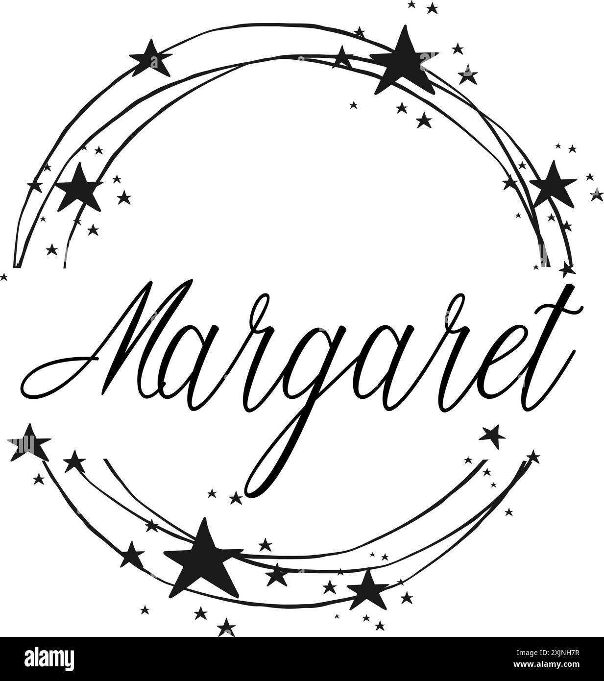 margaret - nom écrit entre les cercles et les étoiles, logo rond, graphiques vectoriels pour les fêtes et la période de Noël, bannières, cartes, sweat-shirt, impressions, Illustration de Vecteur