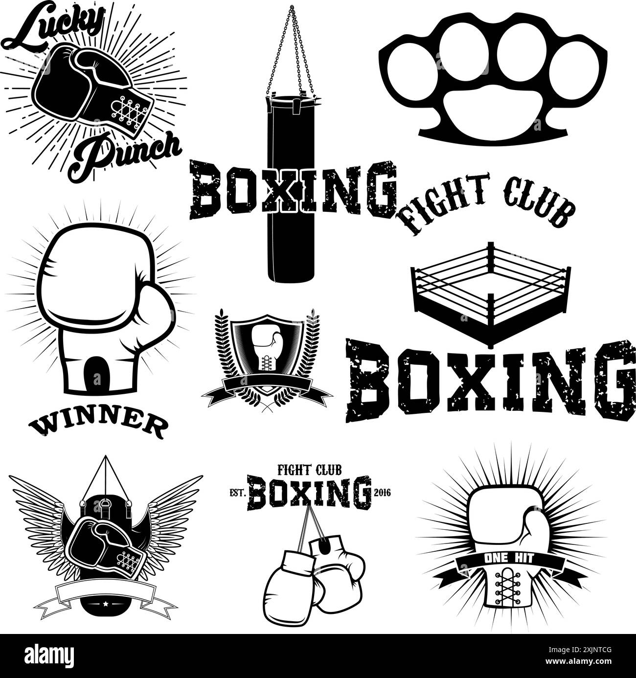 Ensemble des étiquettes, emblèmes et éléments de conception du club de boxe. Illustration vectorielle. Illustration de Vecteur