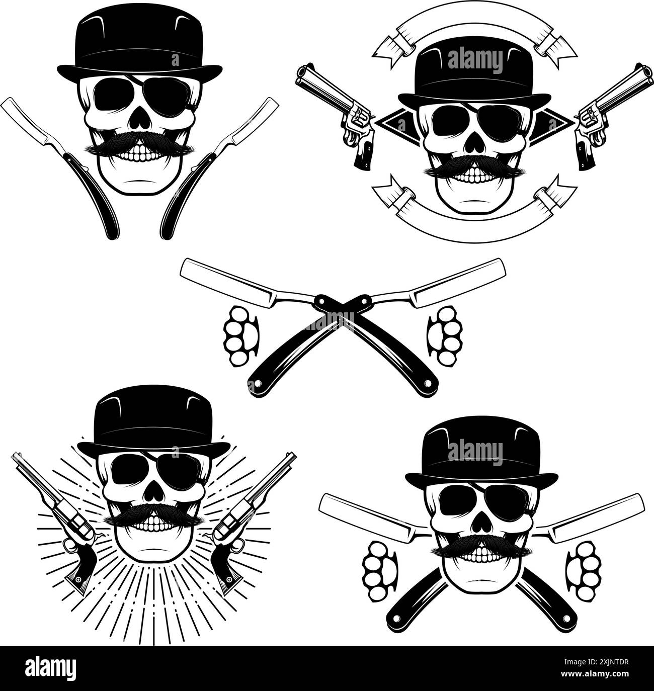 Ensemble de crânes de gangsta isolés sur fond blanc. Élément de design pour impression de t-shirt, affiche, autocollant. Illustration vectorielle. Illustration de Vecteur