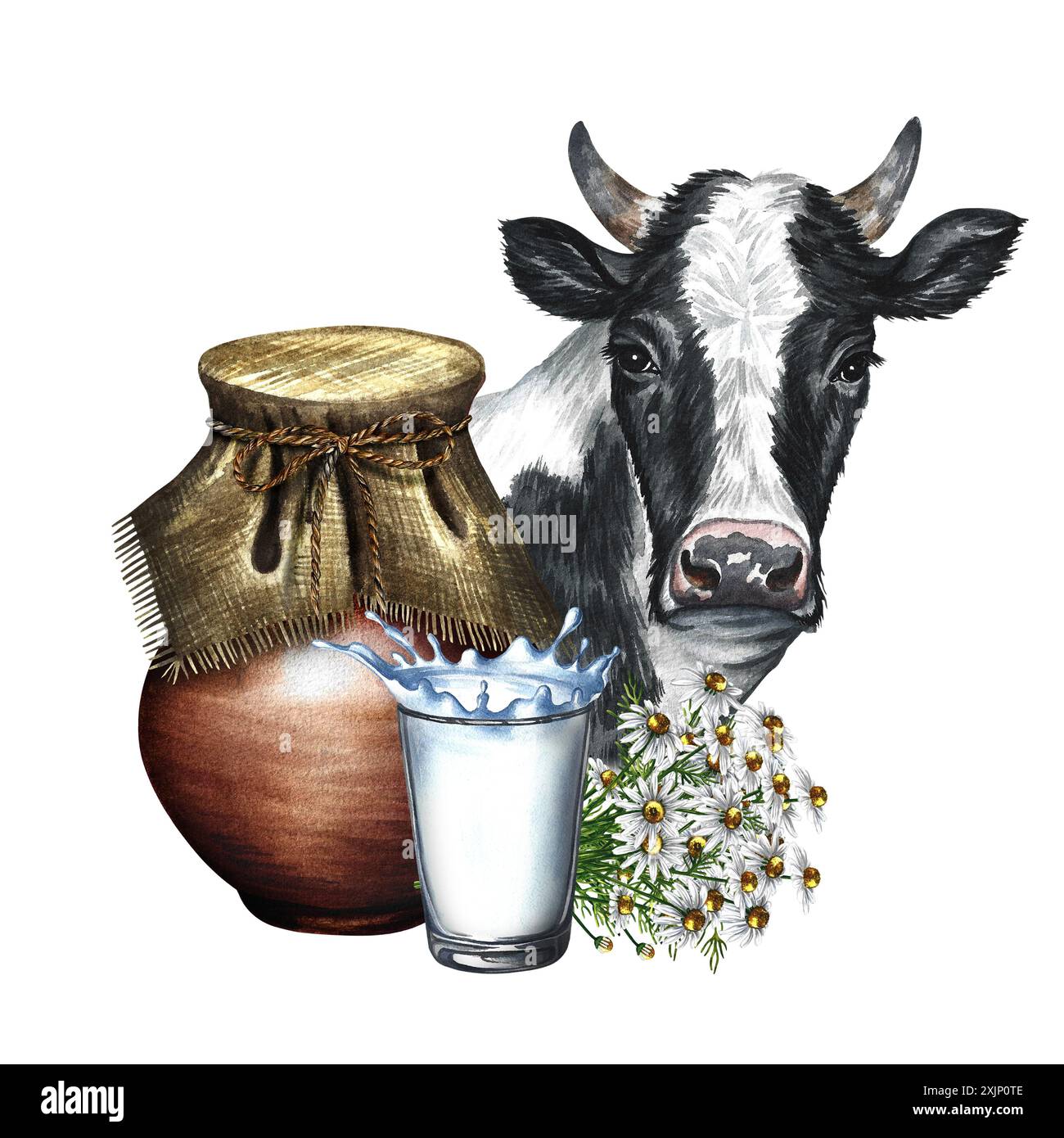 Un pichet en faïence et un verre de lait. Composition avec lait et nez de vache. Une illustration d'aquarelle dessinée à la main. Pour les bannières publicitaires, flyers ab Banque D'Images