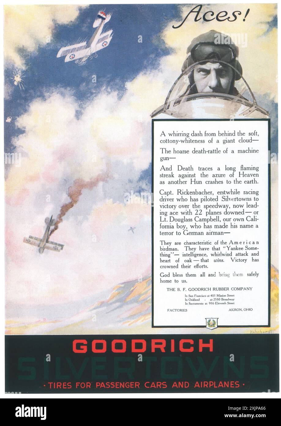 1918 B.F. Goodrich pneus ad - pneus pour voitures de tourisme et avions Banque D'Images