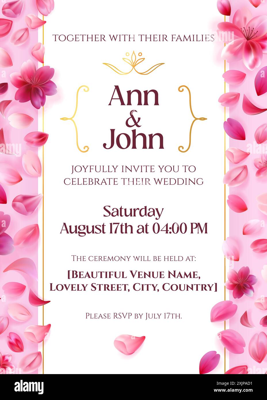 Une belle invitation de mariage comprend de beaux pétales roses, une typographie élégante et un charmant design de bordure florale. Illustration vectorielle stock en réel Illustration de Vecteur