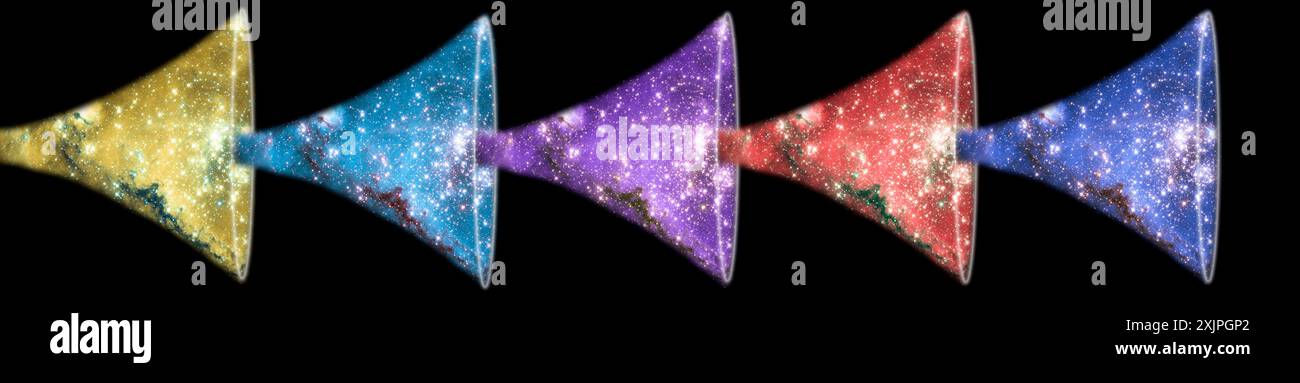 Illustration conceptuelle de la cosmologie cyclique conforme. C'est une théorie du physicien théoricien Roger Penrose selon laquelle l'univers passe par des cycles infinis, chaque cycle commençant par un big bang. Penrose appelle chaque cycle un aeon. Banque D'Images