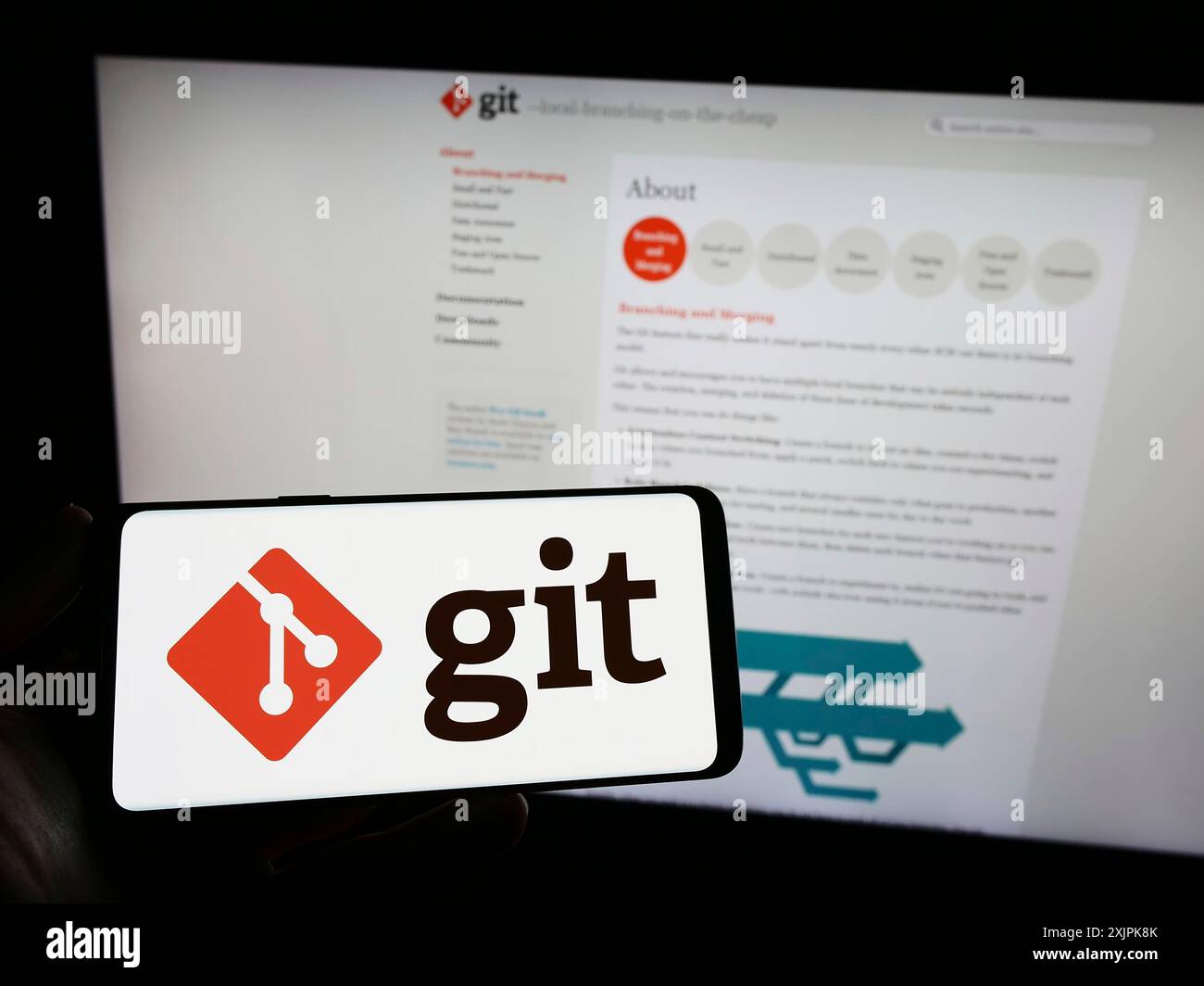 Stuttgart, Allemagne, 07-09-2023 : personne tenant un smartphone avec le logo du système de contrôle de version distribué Git sur l'écran devant le site Web. Concentrez-vous sur Banque D'Images