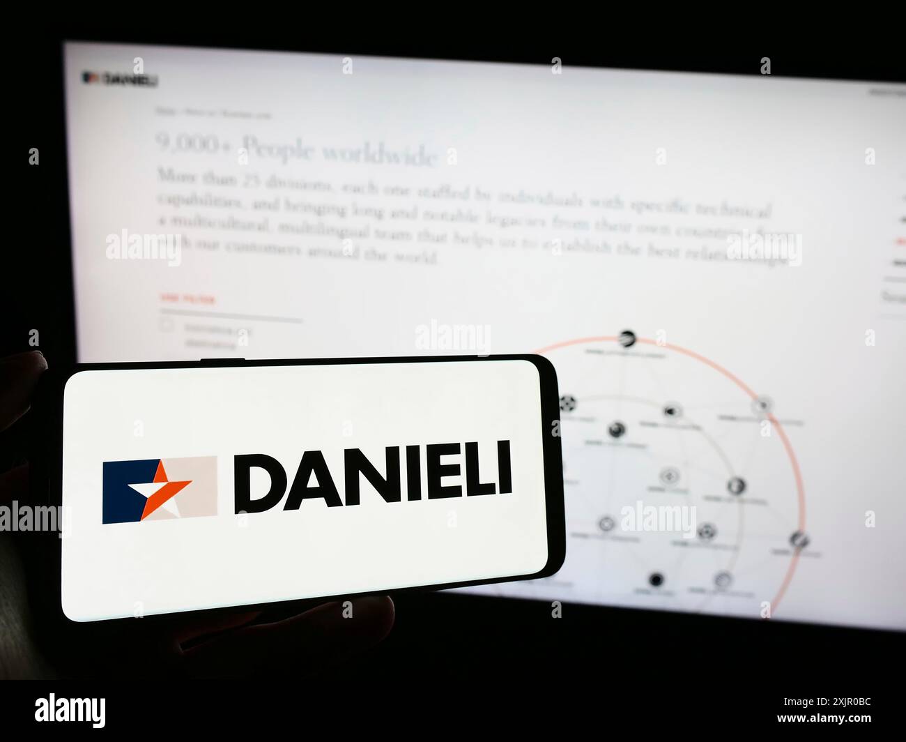 Stuttgart, Allemagne, 11-06-2023 : personne tenant un téléphone portable avec le logo de la société italienne Danieli C. Officine Meccaniche spa devant le web d'affaires Banque D'Images