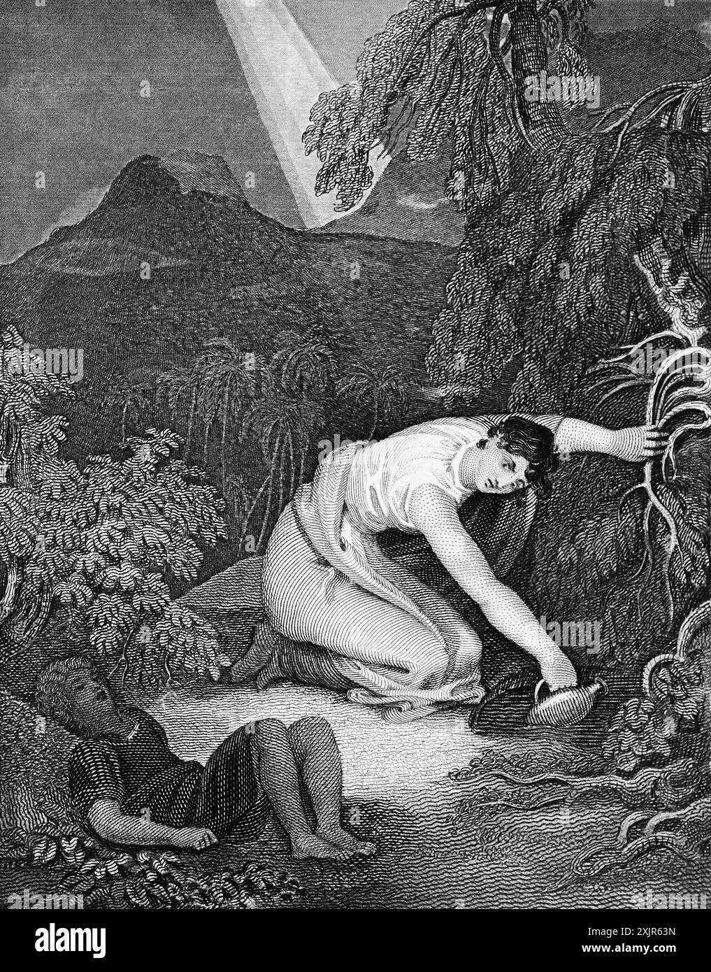 Agar et Ismaël à une source d'eau dans un paysage de montagne, rayon de lumière du ciel, ancien Testament, Bible, illustration historique 1854 Banque D'Images Agar et Ismaël à une source d'eau dans un paysage de montagne, rayon de lumière du ciel, ancien Testament, Bible, illustration historique 1854 Banque D'Images
