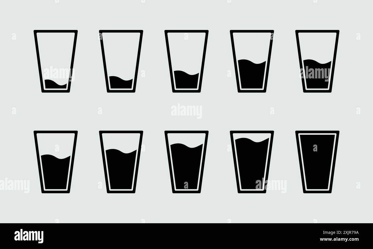 Icône de verre à eau définie en couleur noire. Niveau d'eau en verre. Ensemble d'icônes verre d'eau plat. Couleur noire, contour et remplissage. Illustration vectorielle. Illustration de Vecteur