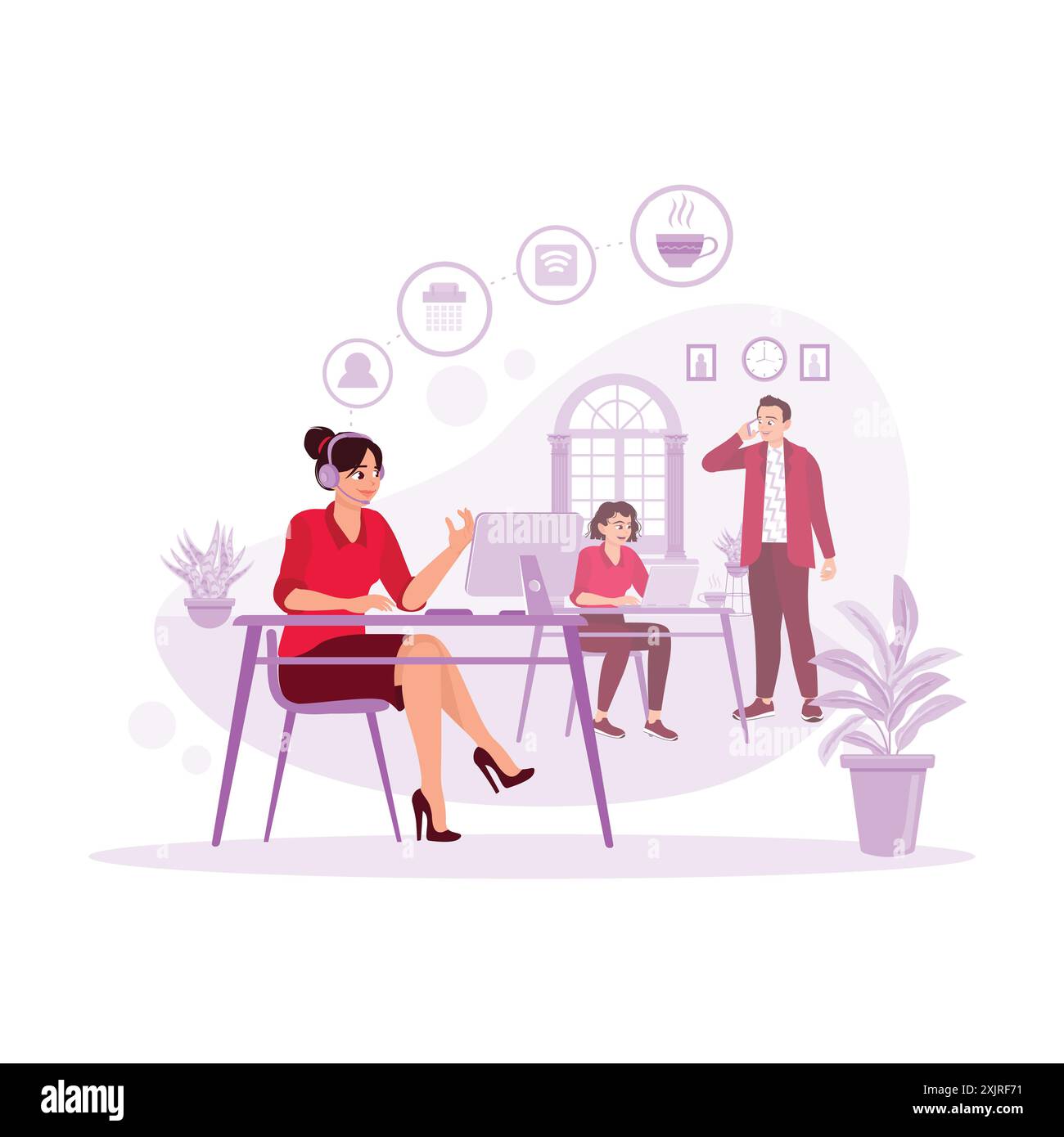 Les jeunes femmes opérantes se concentraient sur le travail dans le centre d'appels et les collègues femmes et hommes dans le bureau. Illustration plate vectorielle moderne tendance. Illustration de Vecteur