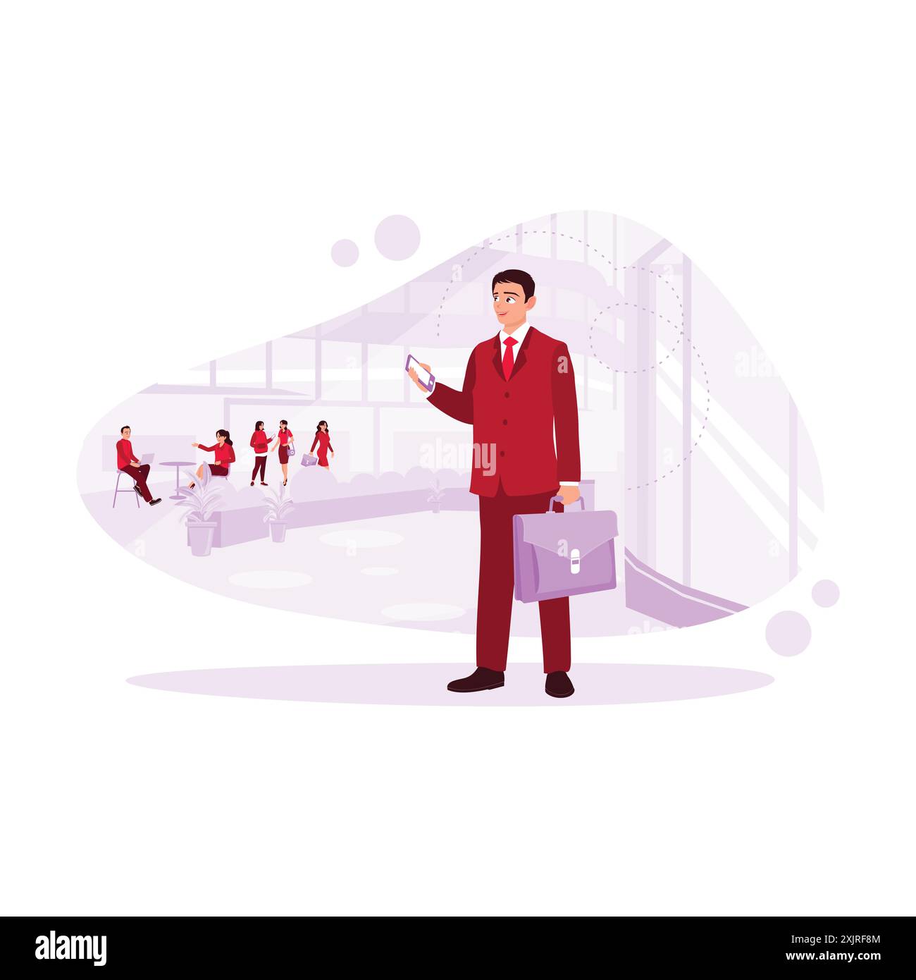 Homme d'affaires professionnel, portant une mallette et tenant un téléphone portable, marchant en toute confiance devant l'immeuble de bureaux. Vecteur moderne tendance Illustration de Vecteur