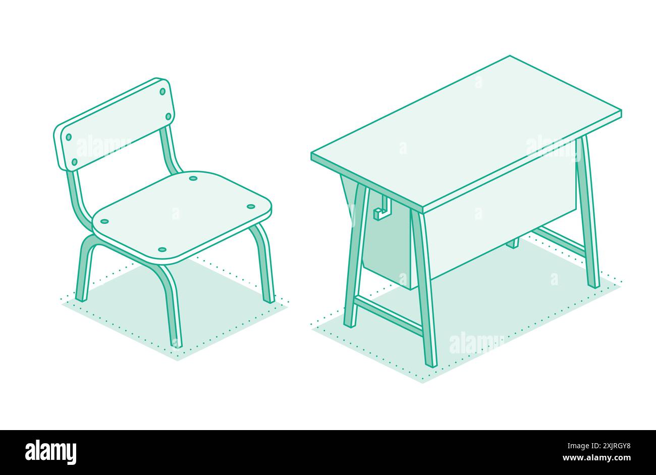 Table et chaise isométriques de bureau d'école. Illustration vectorielle. Contour de l'objet isolé sur fond blanc. Salle de classe. Illustration de Vecteur