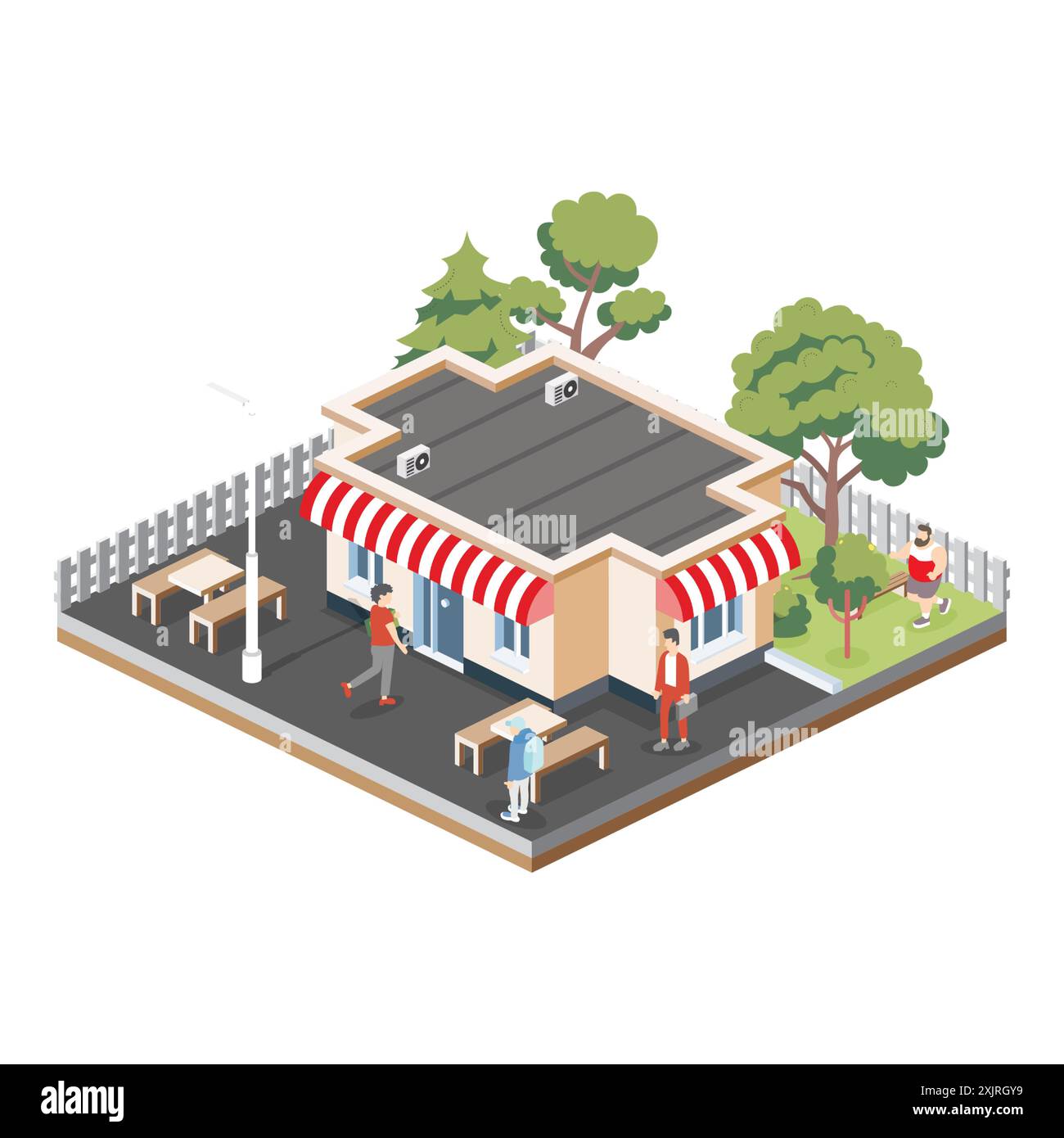 Café isométrique avec tables et bancs. Objets isolés sur fond blanc. Scène urbaine avec des gens et des arbres. Illustration vectorielle. Illustration de Vecteur