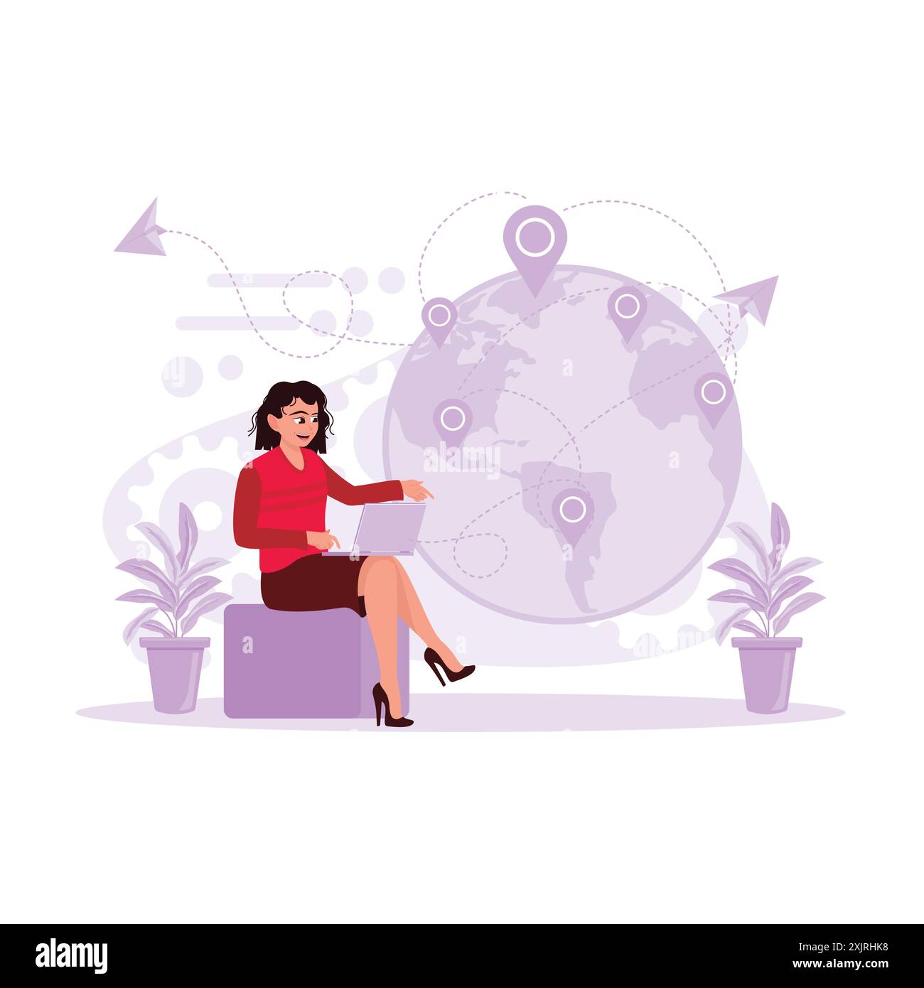 La jeune femme est assise sur un petit canapé avec un ordinateur portable sur ses genoux, regardant une grille futuriste et hologramme de planète à travers un ordinateur portable avec un int rapide Illustration de Vecteur