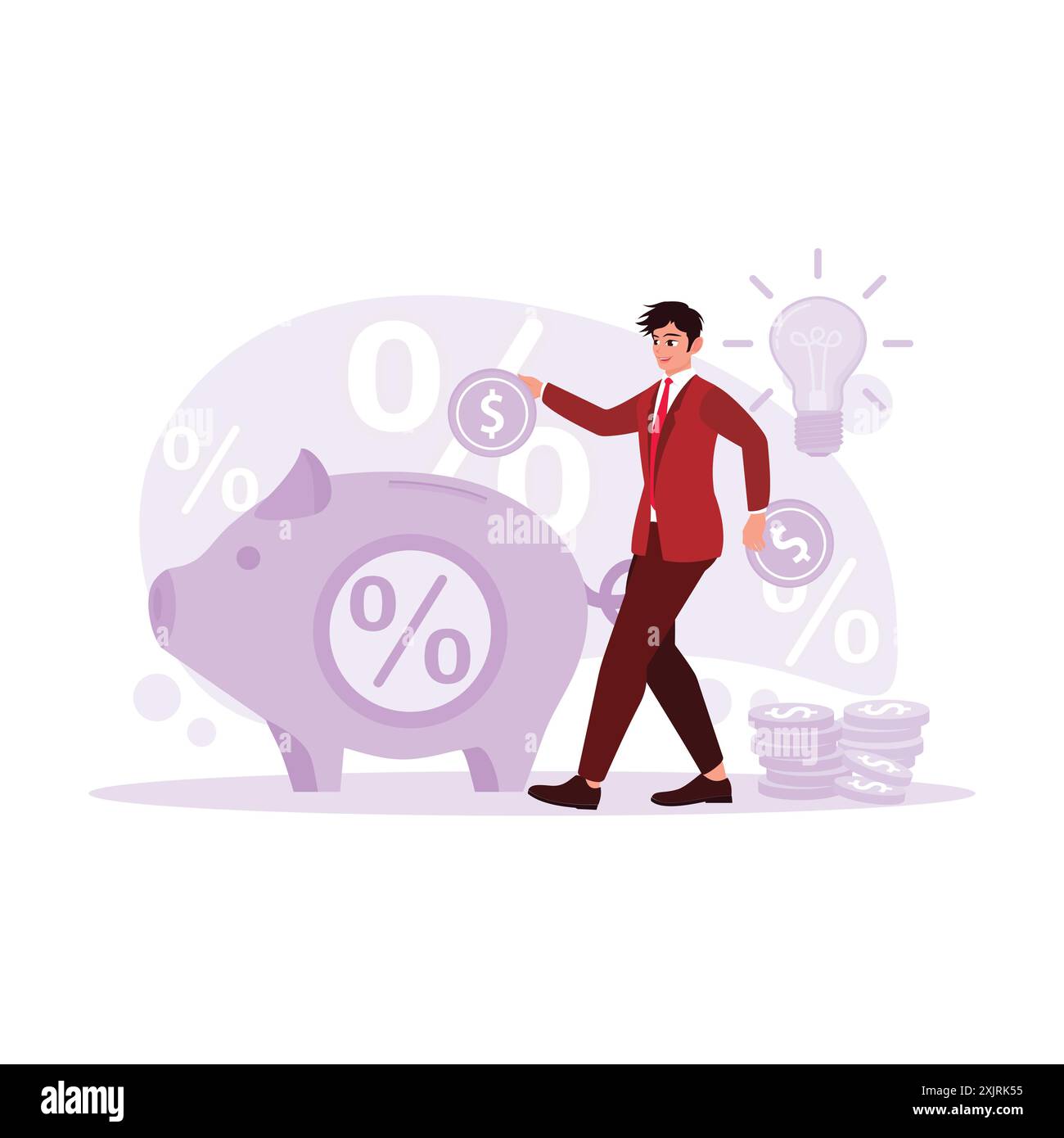 Le jeune homme mettait des pièces dans une grande tirelire. Concept d'économiser de l'argent. Illustration plate vectorielle moderne tendance. Illustration de Vecteur