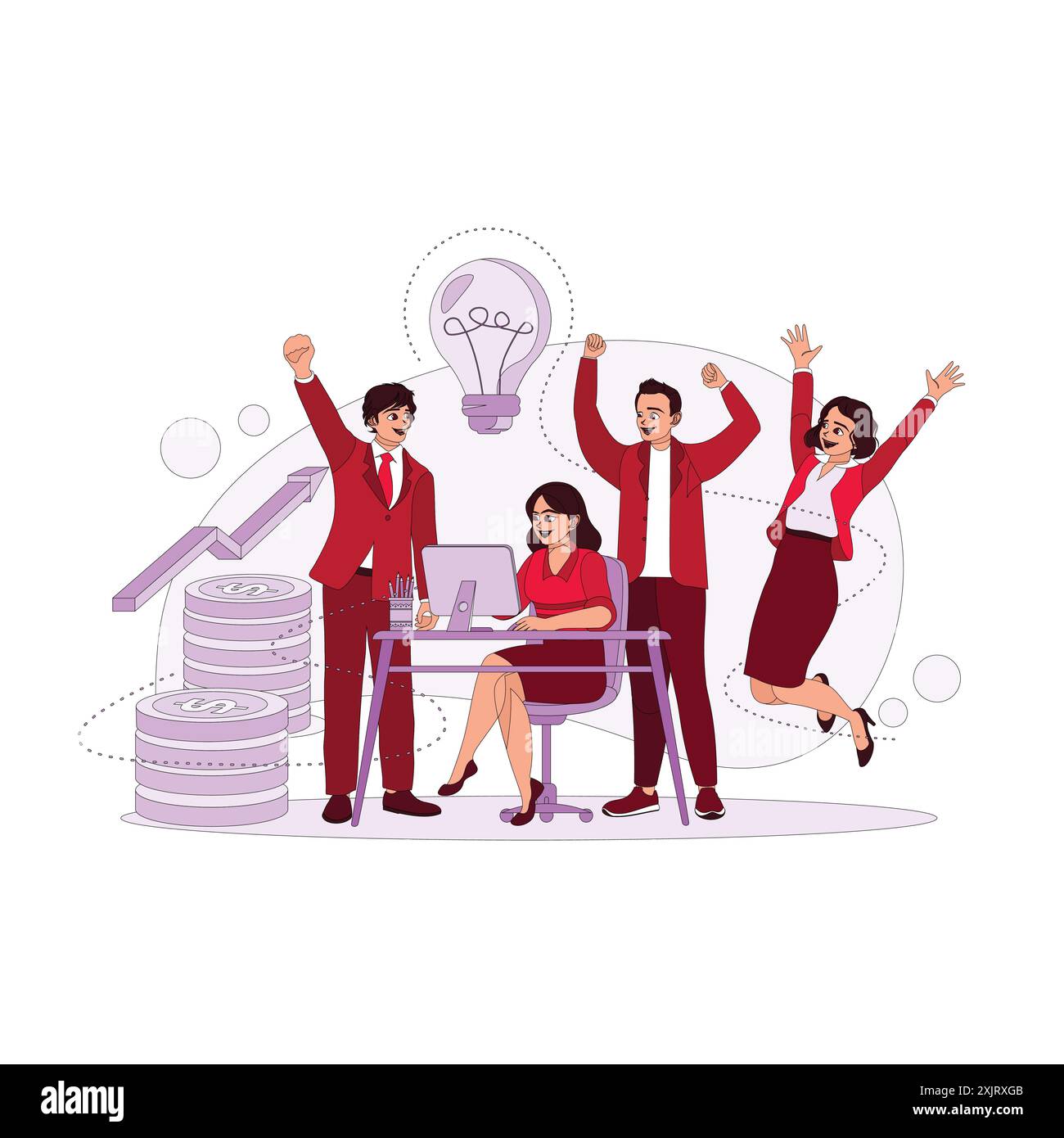Rassemblement d'équipe créative et célébration du succès du bureau. Concept de coopération commerciale de bureau et de collègues. Illustration plate vectorielle moderne tendance. Illustration de Vecteur