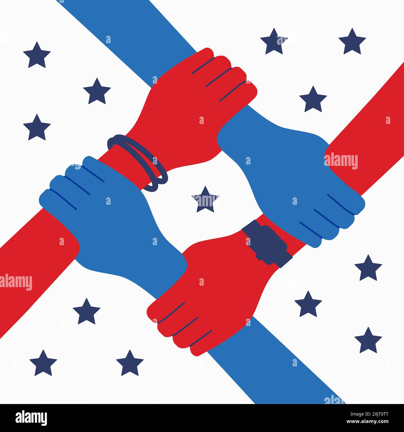 Illustration de la communauté AMÉRICAINE. Rouge et bleu quatre mains se tenant l'une l'autre. Illustration de Vecteur