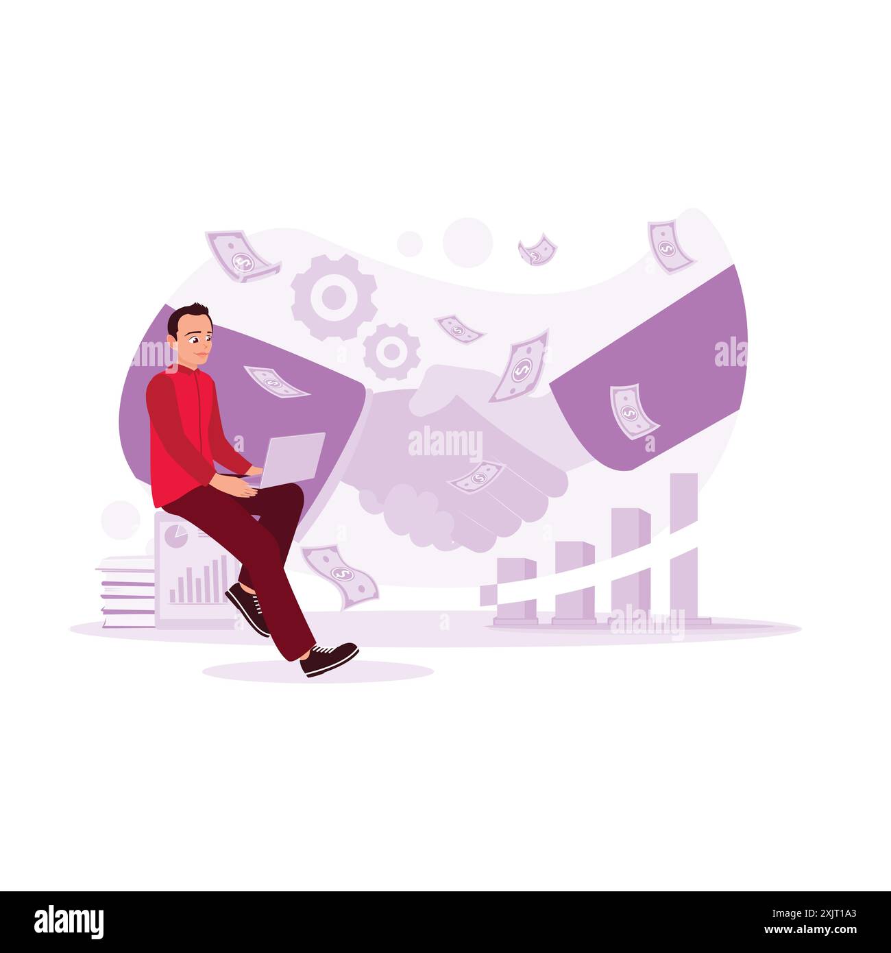 Jeune homme d'affaires assis détendu avec un ordinateur portable, se sentant heureux de la coopération commerciale réussie. concept de serrer la main et d'accord . Tendance M Illustration de Vecteur