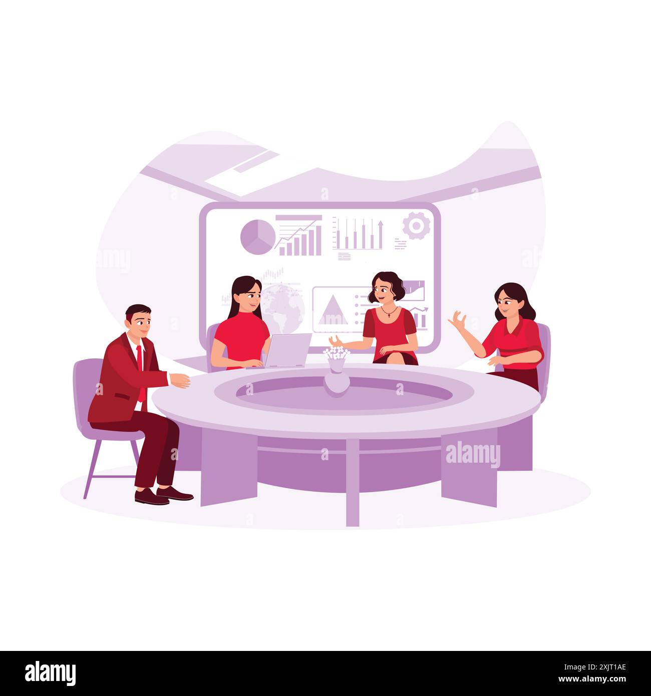Conférence de gens d'affaires menée positivement dans la salle de conférence, discutant de la croissance des diagrammes et des statistiques de l'entreprise. Tendance moderne vecteur plat i Illustration de Vecteur