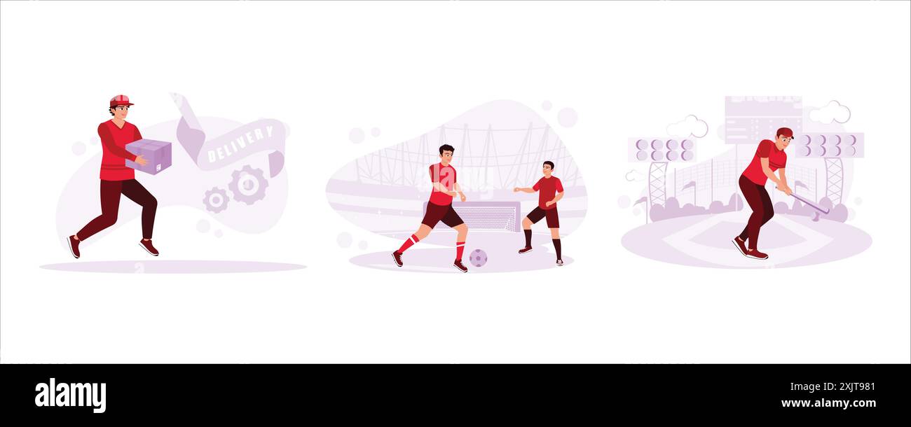 Le livreur de colis porte une boîte en carton. Deux footballeurs jouaient de l'esprit sportif. Les joueurs de baseball professionnels sont prêts à frapper b Illustration de Vecteur