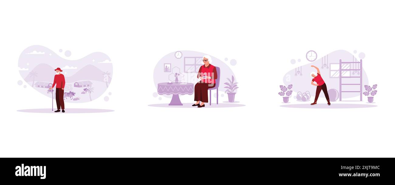 Le vieux fermier marche à l'aide d'un bâton il ranch. La grand-mère est assise détendue et savoure un thé chaud aromatique. La femme âgée l'entretient Illustration de Vecteur