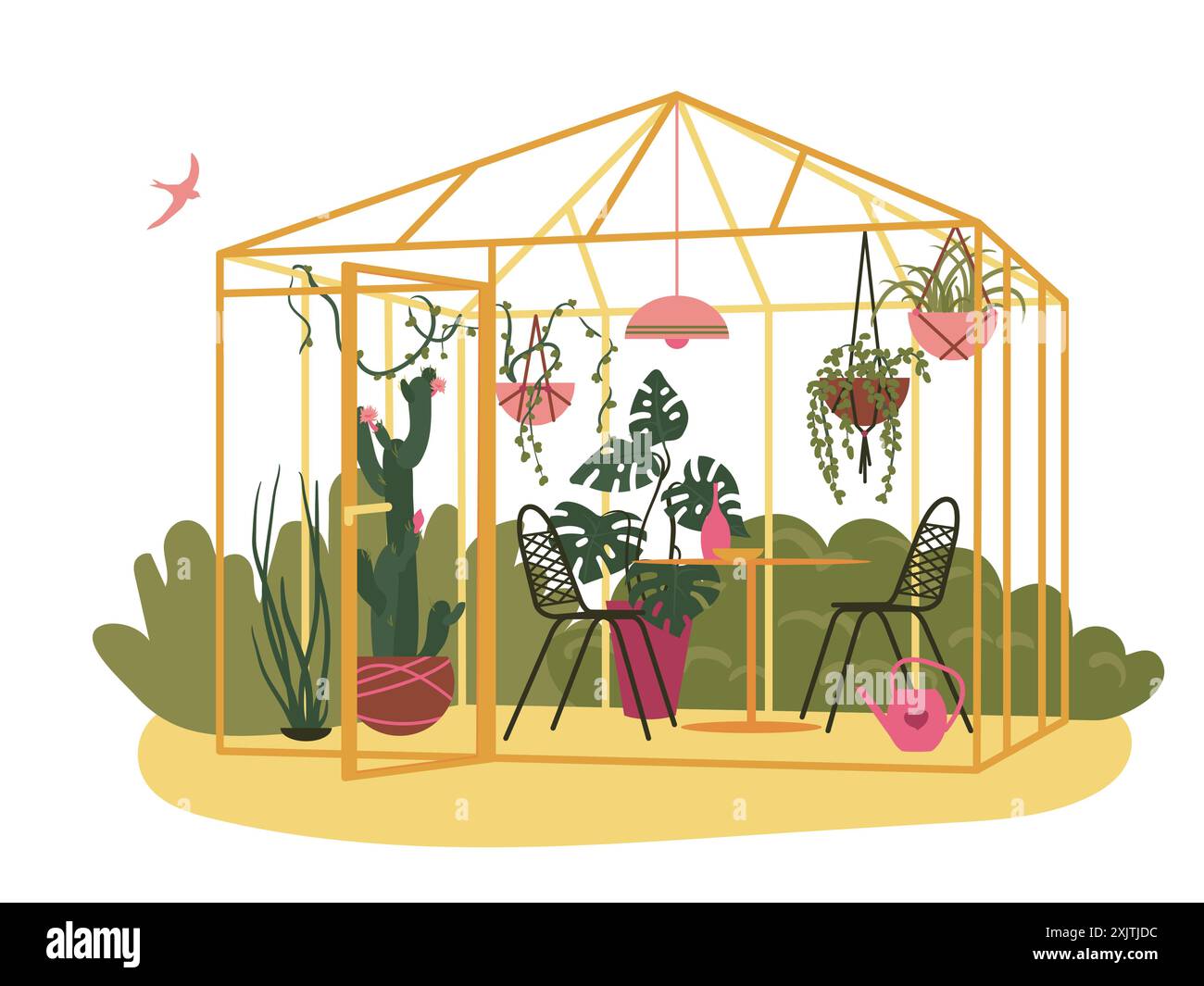Serre en verre pour la culture de fleurs et des vacances en famille. Serre du jardin botanique avec pots de fleurs et mobilier de jardin. Jardinières suspendues avec Illustration de Vecteur