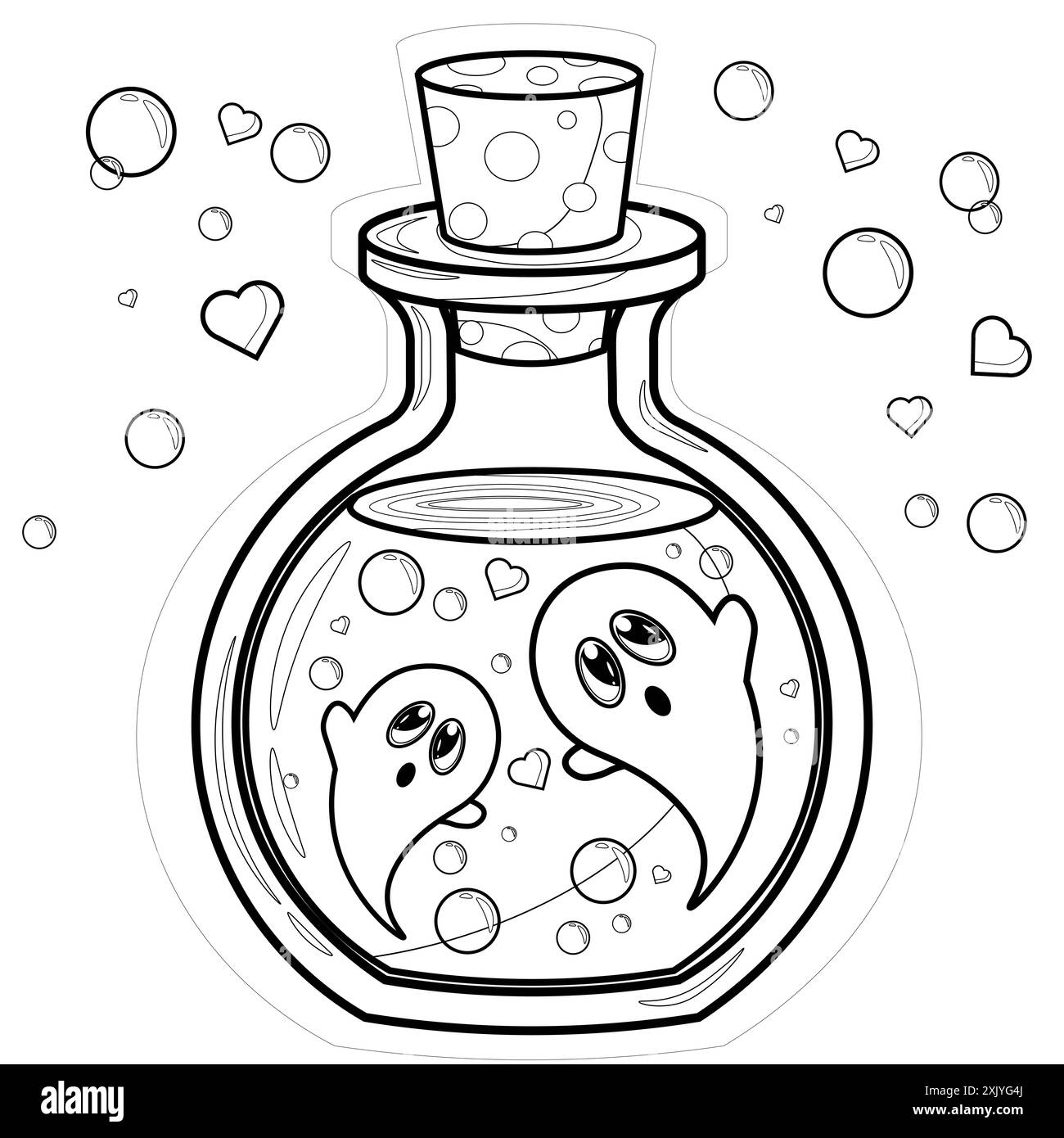 Coloriage pour enfants et adultes. Livre à colorier sirène. Fantômes mignons dans un cône de verre. Drôle de personnage effrayant. Effrayer le fantôme. Contour de dessin animé vec Banque D'Images