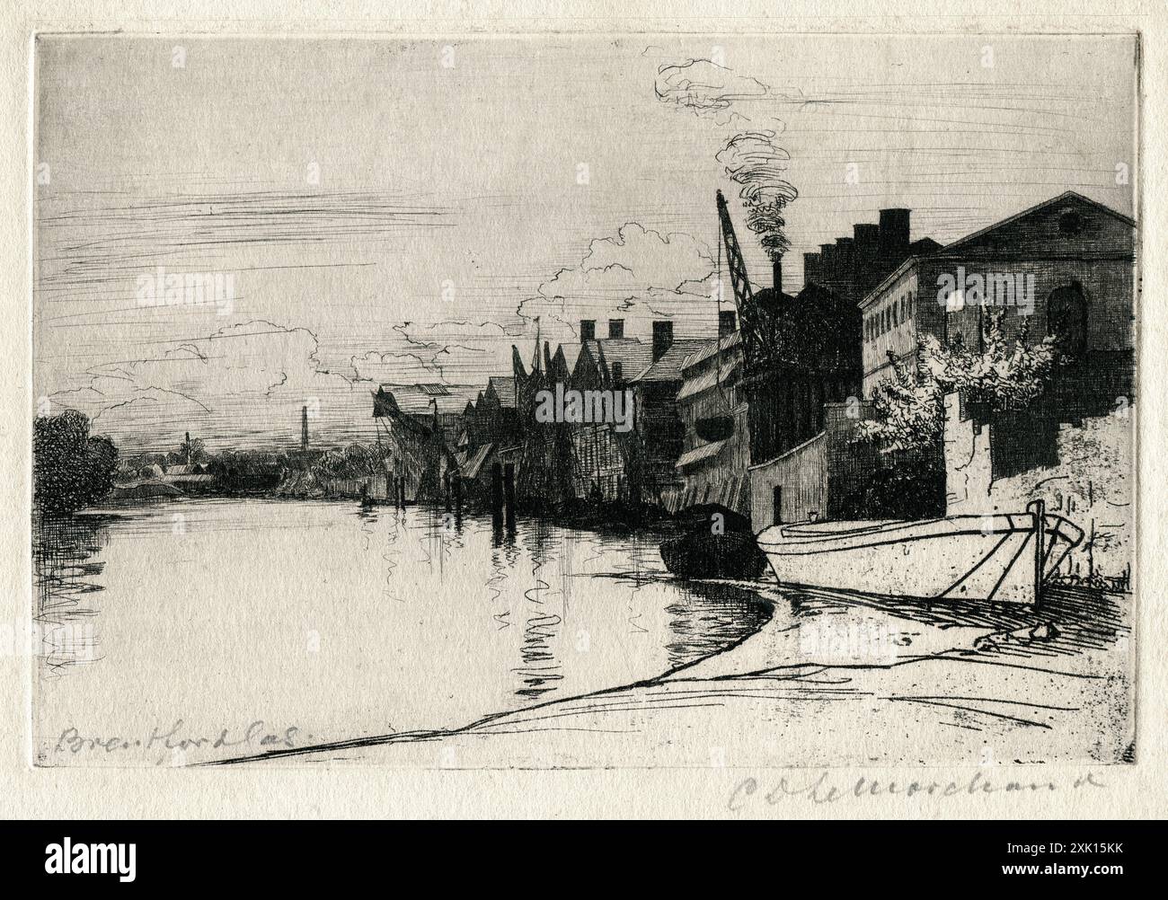 Une gravure antique de Brentford, West London par l'artiste amateur Charles désiré le Marchand (1851-1922). Datant d'environ 1900, cette gravure représente une scène intéressante d'entrepôts le long de la rive de la rivière à Brentford. Brentford est une ville de banlieue de l'ouest de Londres, en Angleterre, située au confluent de la rivière Brent et de la Tamise. C'était la maison de Brentford Dock, qui a été ouvert en 1859 et était un important point de transbordement entre le Great Western Railway et les barges sur la Tamise. Marchand, résident de Barnes, Surrey est né à Nevers, en France, en 1851. Banque D'Images