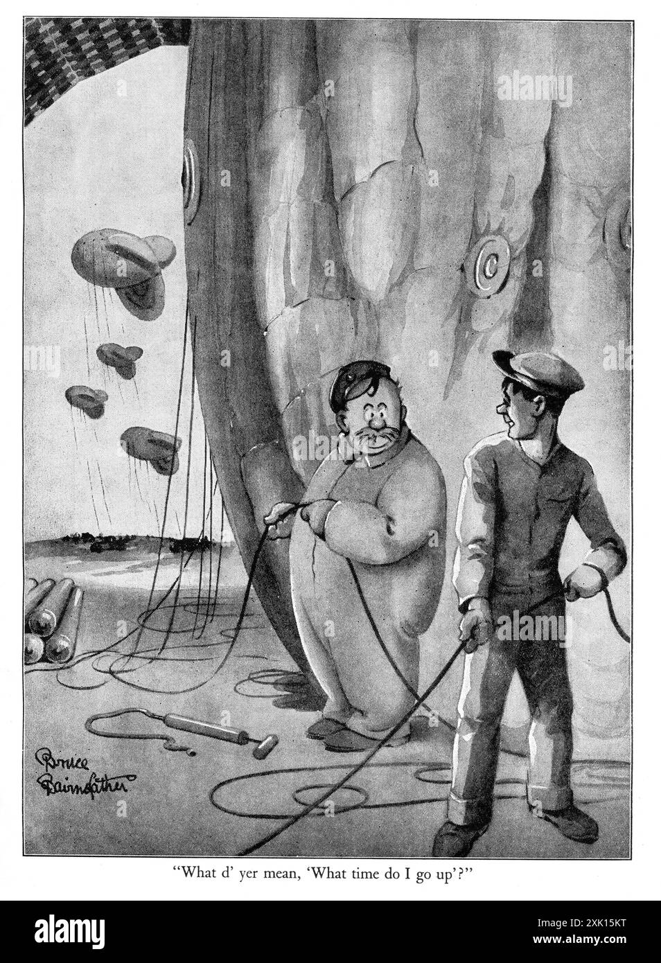 Années 1940 - un dessin animé amusant de la seconde Guerre mondiale représentant le personnage fictif populaire de soldat britannique, Old Bill, créé par le dessinateur Bruce Bairnsfather. Cette bande dessinée montre Old Bill portant de grandes combinaisons, debout avec un collègue et tendant à un ballon de barrage. Le dessin animé a la légende qui l’accompagne, « ce que d’Yer signifie. « À quelle heure dois-je monter ? ». Banque D'Images