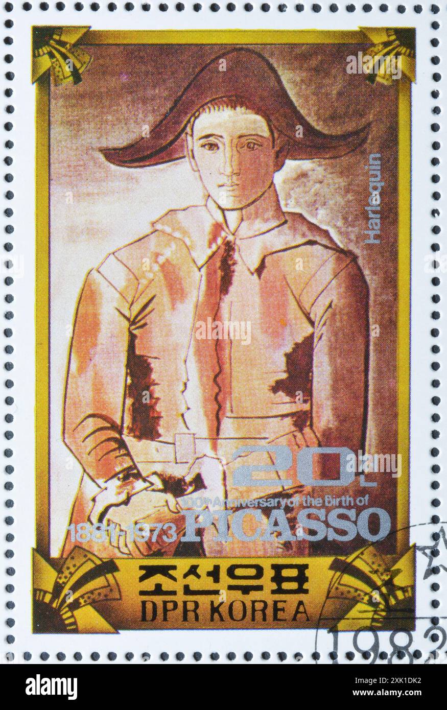 Timbre-poste oblitéré imprimé par la Corée du Nord, qui montre la peinture 'Arlequin avec les mains pliées', 1923 par Pablo Picasso, centenaire de la naissance de Pablo pic Banque D'Images