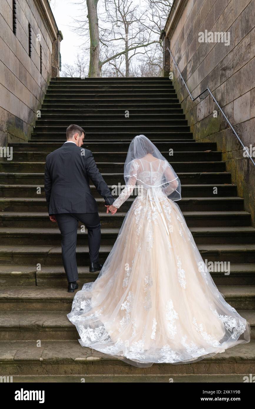 La mariée et le marié marchent le long des marches de pierre d'un ancien bâtiment, un palais. Vue arrière, depuis l'arrière. La mariée porte un beau lon Banque D'Images
