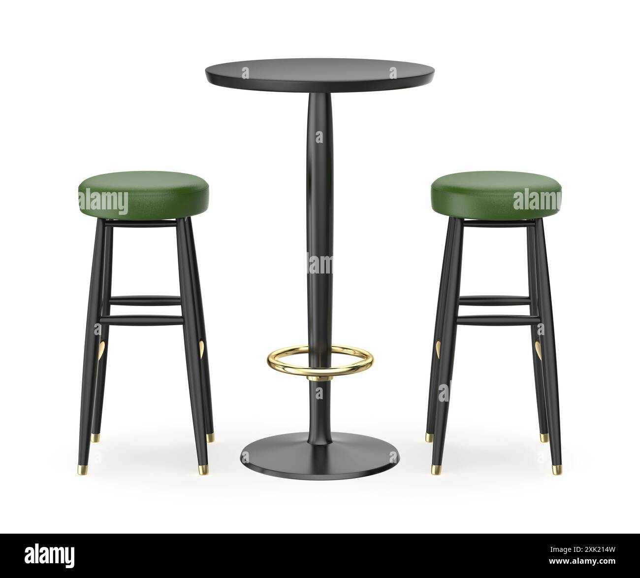 Table haute noire et tabourets de bar sur fond blanc Banque D'Images