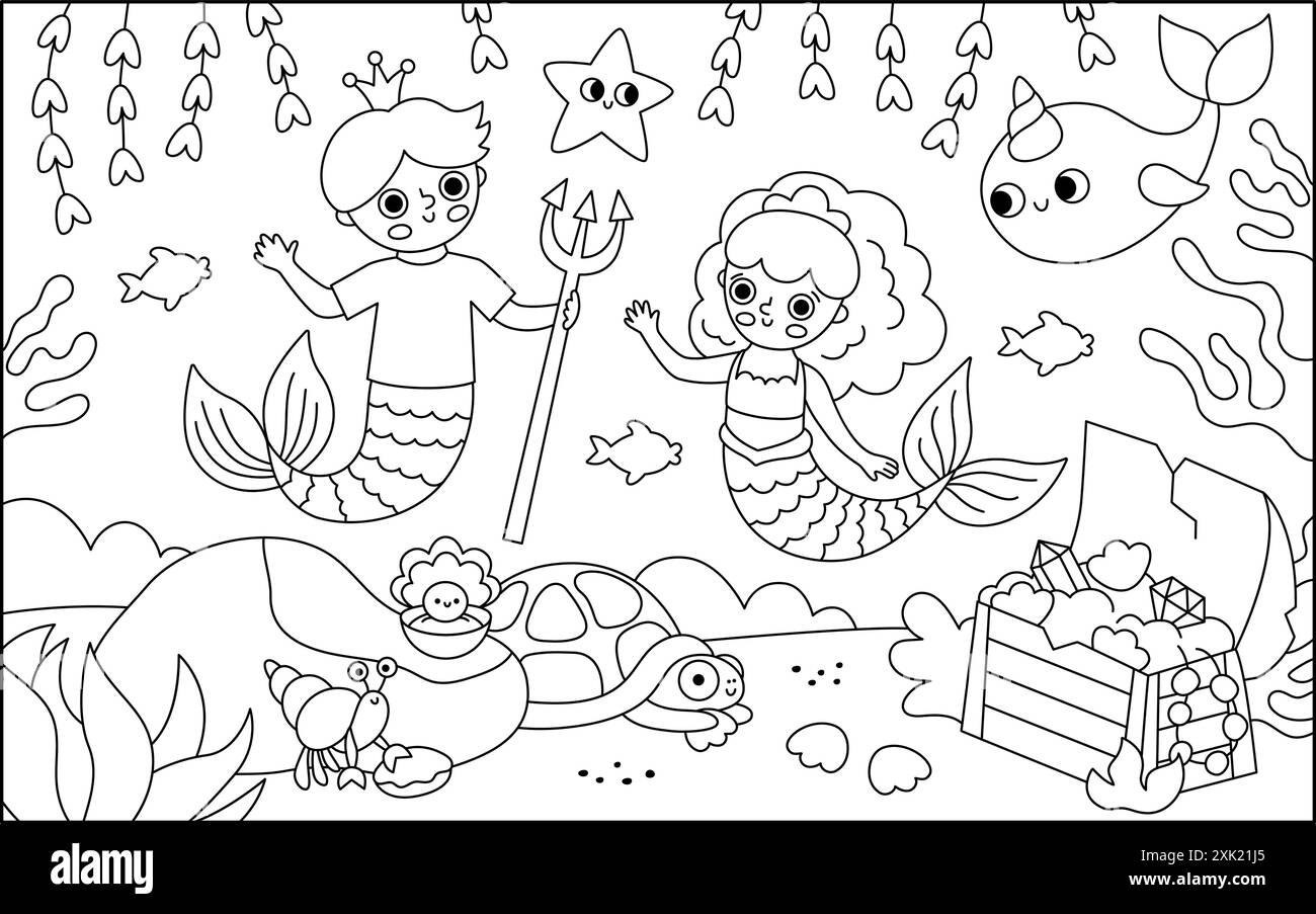 Illustration de paysage noir et blanc de vecteur avec sirène et garçon avec trident, couronne. Scène de ligne de Royaume d'océan ou de mer avec princesse marine, prince, Illustration de Vecteur